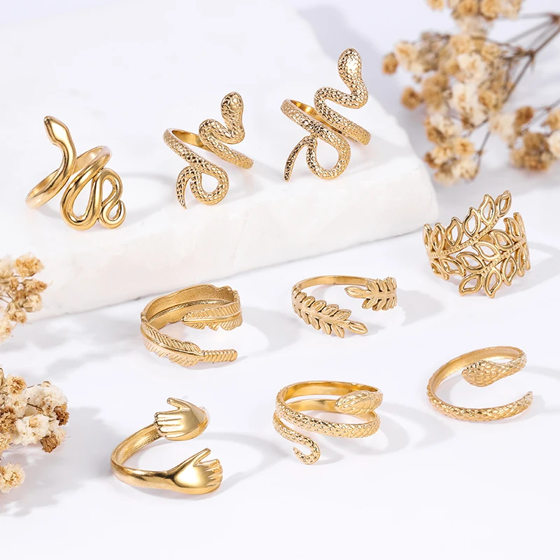 

HOVANCI Finger Ring Ladies Gold Plated Bulk Manufacturer Chunky Snake Shape Curve Stylish Stainless Steel Opening Rings