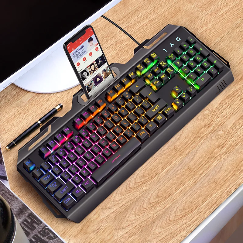 

Gaming Wired Keyboard Phone Holder Metal Mechanical Feel LED Breathing RGB Backlight Gamer Full Key USB Keyboard For PC Laptop