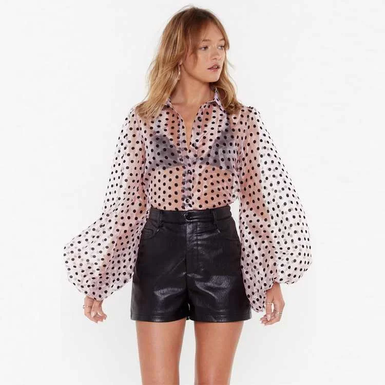 

Wholesale Pointed Collar Polka Dot Print Drama Organza Balloon Sleeves Blouse