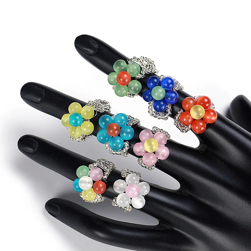 

2022 New Arrival Creative Vacation Stretch Ring Vintage Colorful Flower Beaded Ring for Women Girls, Picture shows