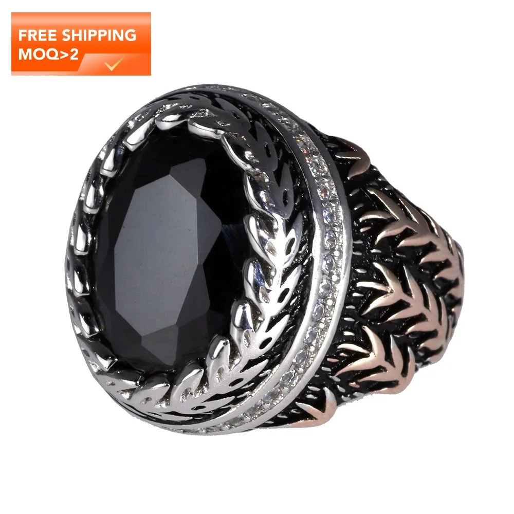 

925 Silver Mens Rings Wheat Surround Engraved With Natural Black Agate Stone Retro Vintage Turkish Man Signet Hiphop Ring