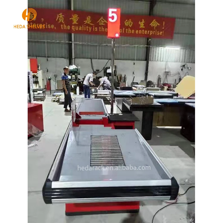 
China Factory direct sale Electronic Supermarket Checkout Counter with Conveyor Belt, cashier desk 