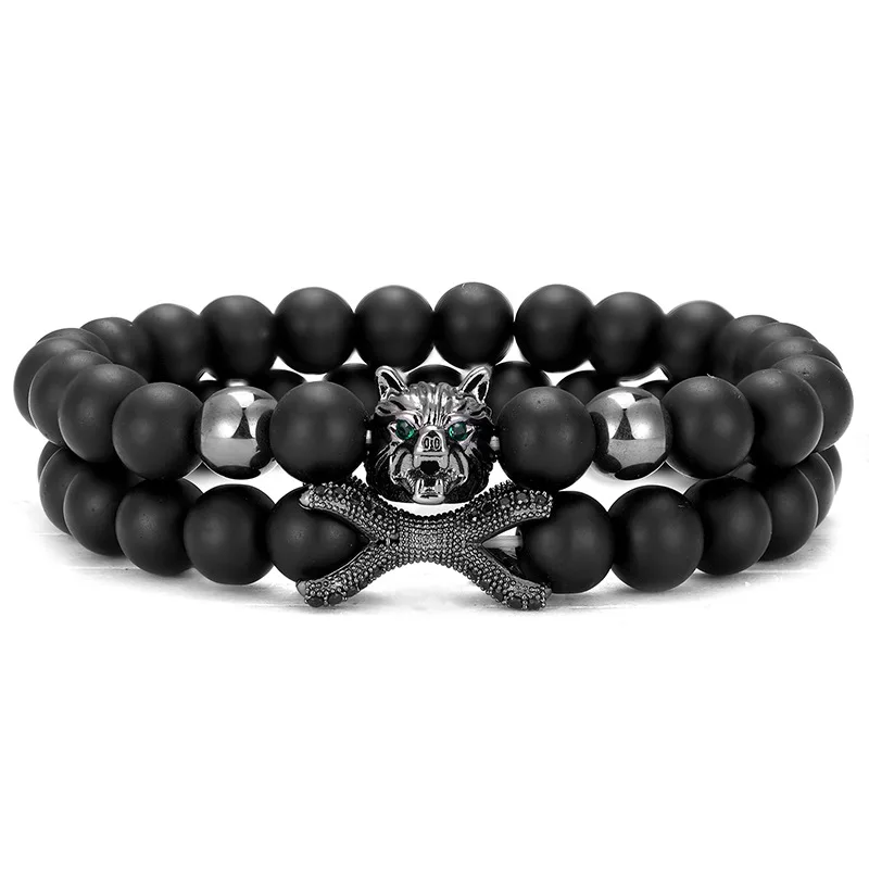 

Factory Direct Selling Men Statement Wolf Head Bracelet Set Frosted Stone Bracelet Jewelry