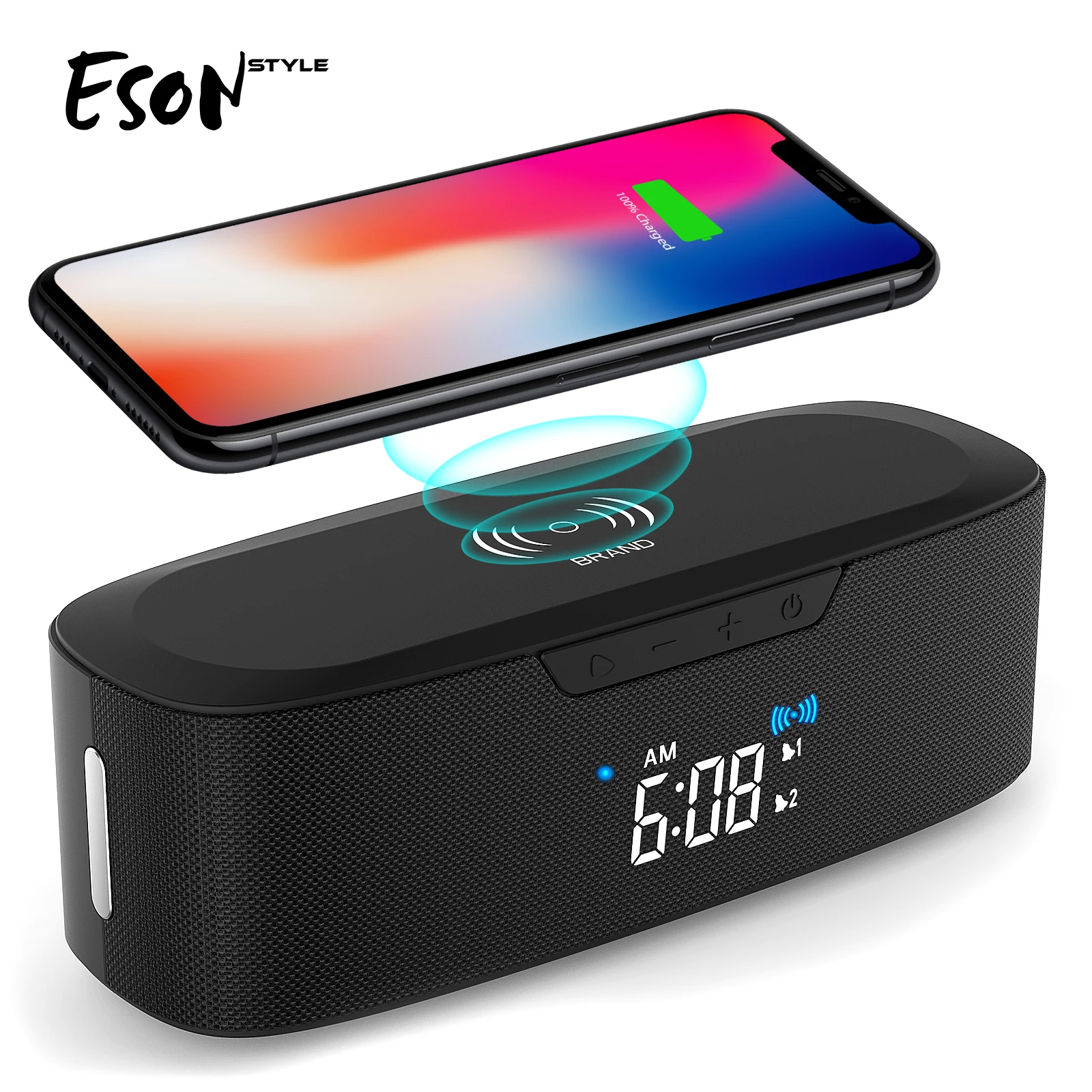 

Eson Style Exclusive Dual Alarm Clocks LED FM Radios Fabric 15W Wireless Charger QI power bank 20W Portable Bluetooth Speaker