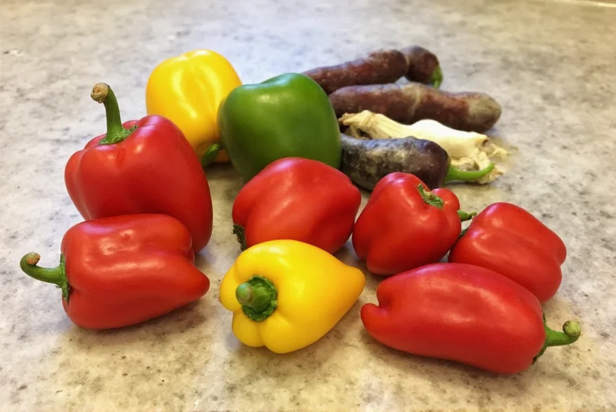 Homemade pepper relish recipe ingredients arranged on kitchen counter