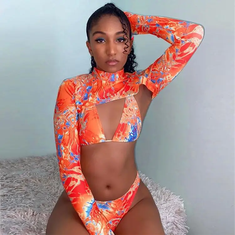 

Print Bikini Woman Swimwear 2021 Summer Sexy Women's Swimsuit Three Piece, Blue, orange