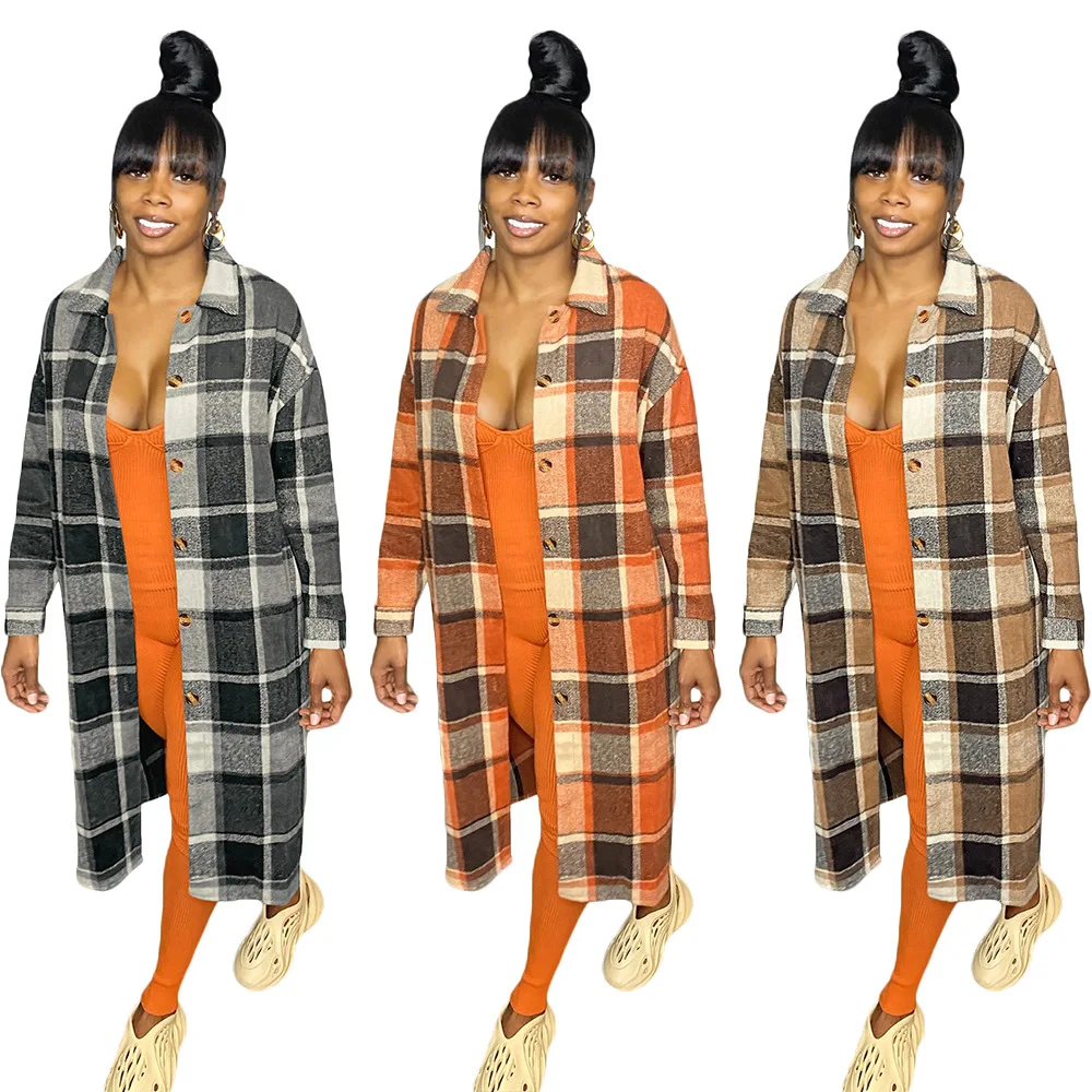 

2022 Fashion Winter Woman Coat Loose Button Turndown Shirt Long Plaid Jacket Long Coat For Women, Picture