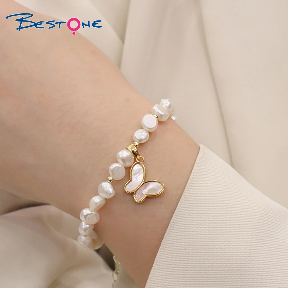 

BESTONE Wholesale Natural Freshwater Pearl Bracelet Gentle Style Women Simple Hand Jewelry Shell Butterfly Bracelet