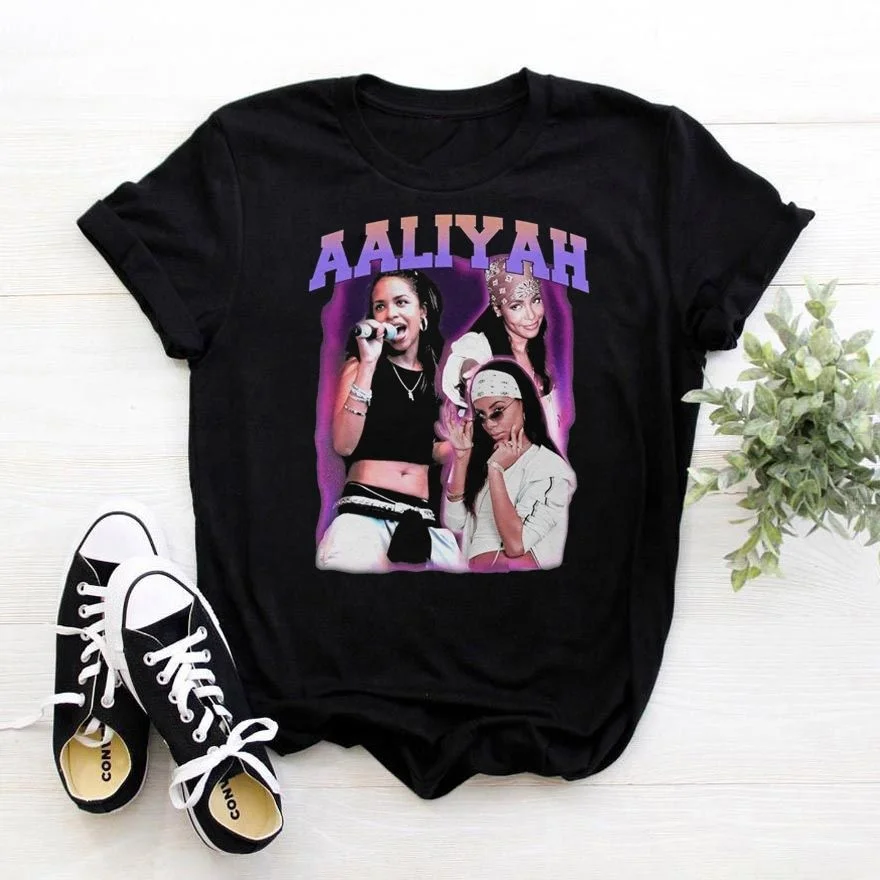 

Wholesale Harajuku Aaliyah Jhene Aiko Printed Top Tees Custom Cotton Oversized Graphic Vintage Women T-shirt, Black white gray dark blue red