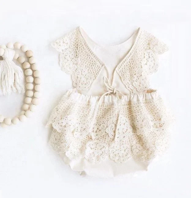 

Summer Newborn Infant Baby Girls Romper Beige Color Lace Romper Baby Clothes, As picture