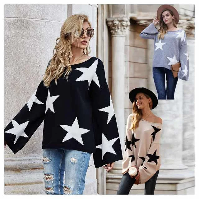 

Long Sleeve Women Sweater Midi Black O-neck Pullover Comfortable Winter Sexy Five-Pointed Star Sweater Tops Women Sweater