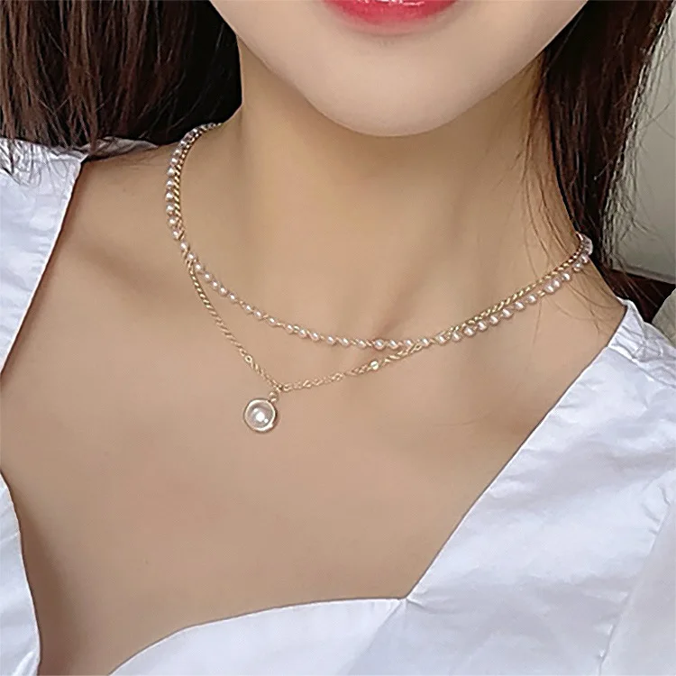 

NC-0214 Hot selling trendy pearl choker newest popular ladies fashion double layered pearl necklace for women, Picture shows