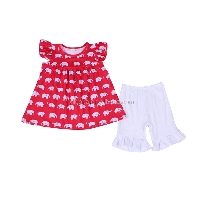 

Flutter Sleeve Elephant Print Girl Pearl Top Ruffle Shorts Set Kids Summer Boutique Outfits