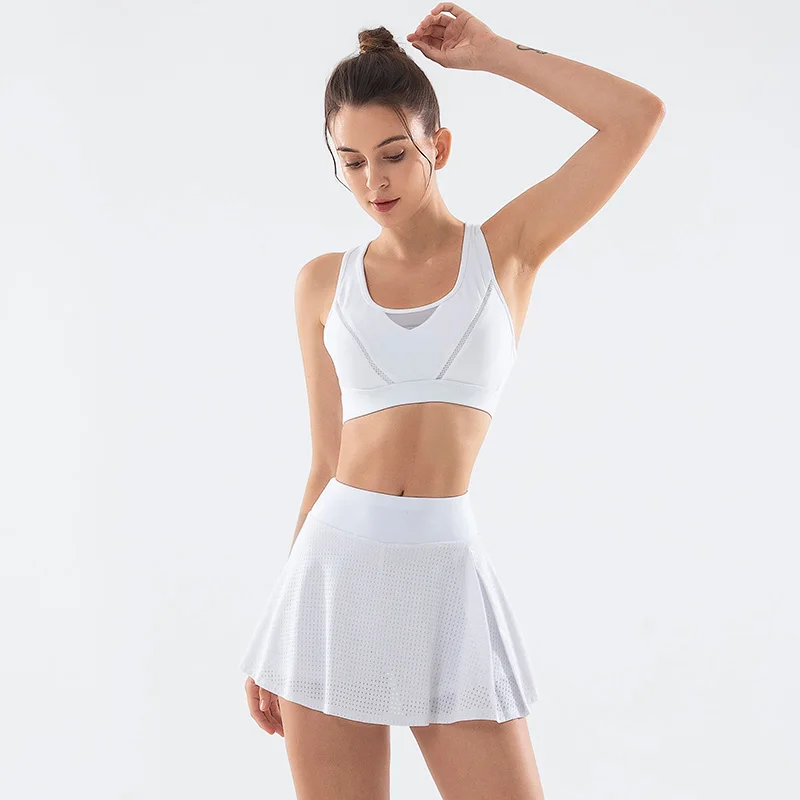 

2021 Now Style Elastic Quick Drying Mesh White Sports Tennis Skirts Running Yoga Bra Women, Customized colors