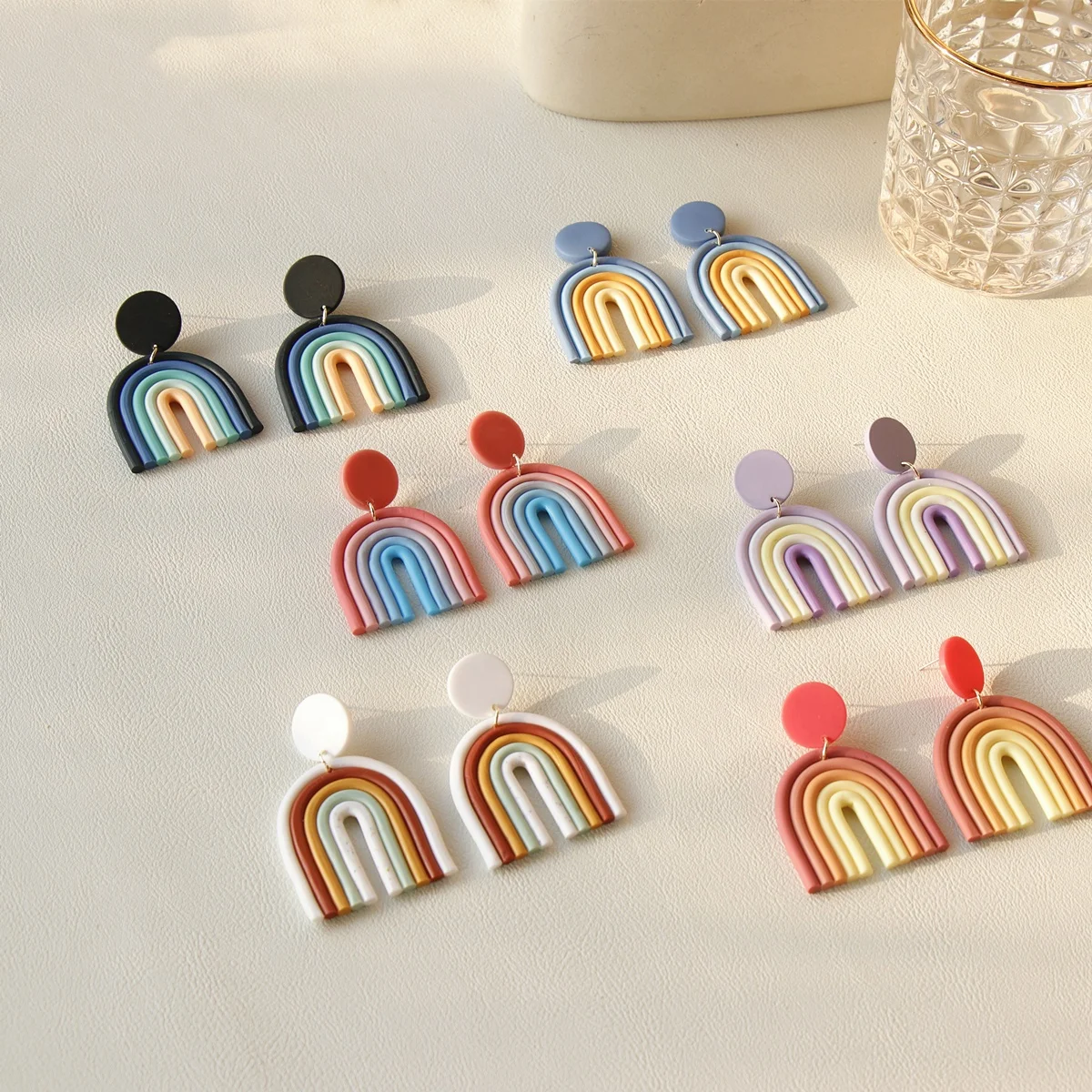 

JUHU Hot Jewelry Acrylic semicircle Earring Stud Clay Texture Bohemia rainbow Cute Resin Romantic For Girl Trendy Earring, Colorful