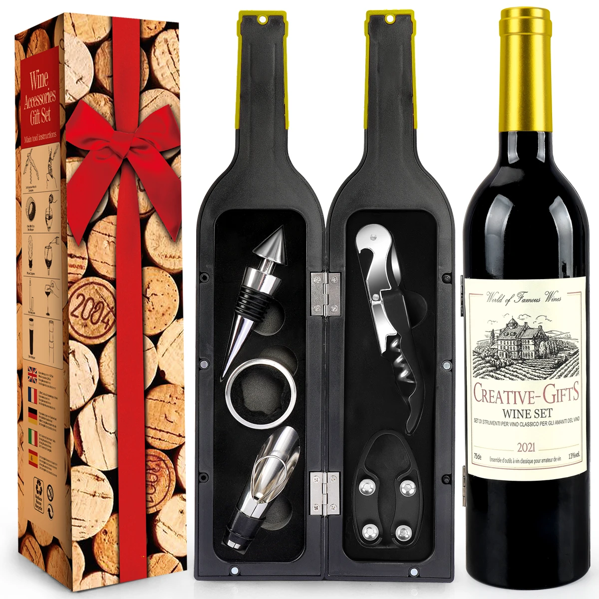 

Amazon seller Hot sale bottle shaped 5 pieces wine accessories gift set wine opener wine stopper set