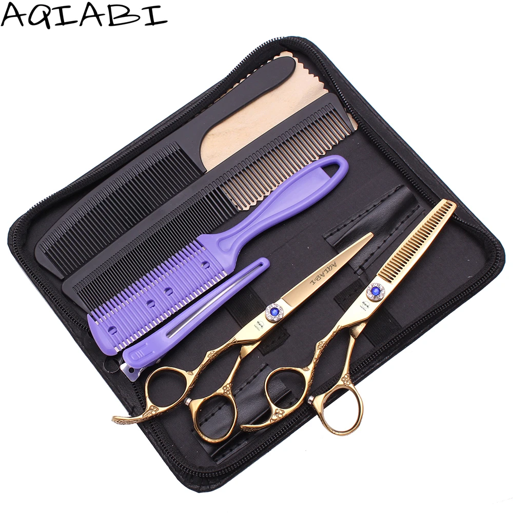 

Left Hand Barber Scissors 5.5" 6" AQIABI Japanese 440C Hair Cutting Scissors Thinning Shears Professional Scissors A8002, Gold