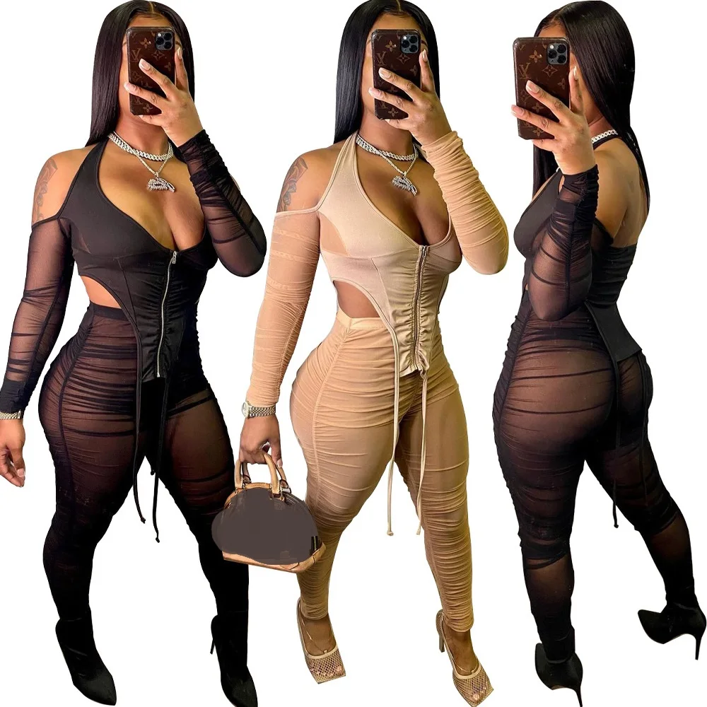 

Y4329 Latest Fashion Mesh Off Shoulder Stacked Pants Women Two Piece Set