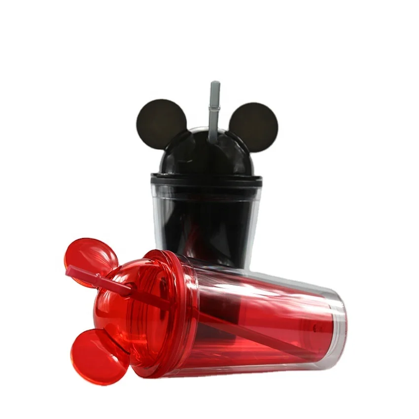 

Hot sale 450ml 16oz BPA Free Double Wall Mickey Mouse Ear Christmas Mugs Clear Cups Kids Acrylic Tumbler With Straw and Lid, Multi colors