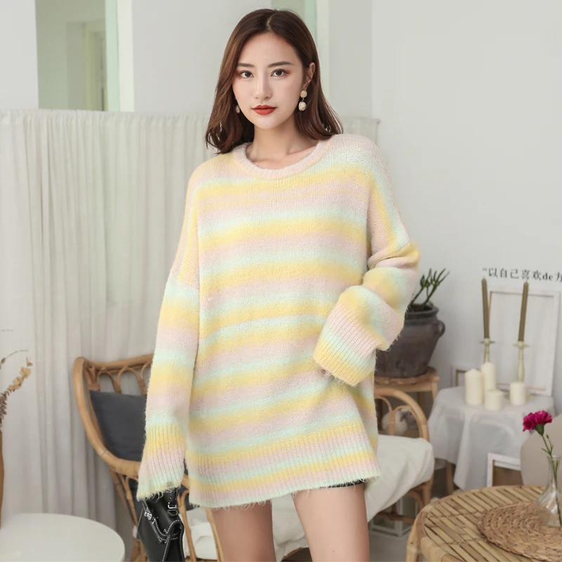 

fashion Korean fashion ladies Round collar striped pullover knit sweater loose large size jumper women knitwear