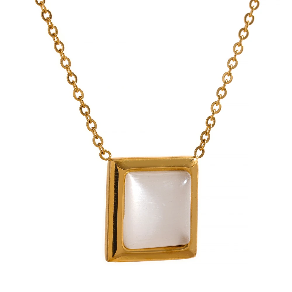 

JINYOU 1529 White Green Black Natural Agate Stone Square Pendant Stainless Steel Necklace Women Fashion 18k Gold Plated Jewelry