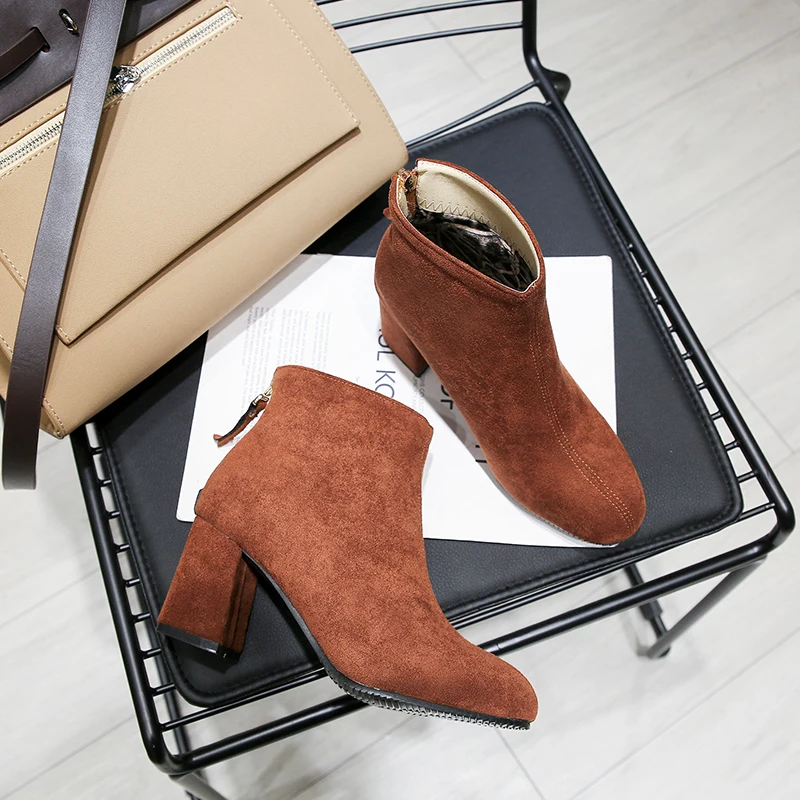 

New Brown Suede Leather Thick Chunky Heel Ankle Boots for Lady, Black/wine red/yellow