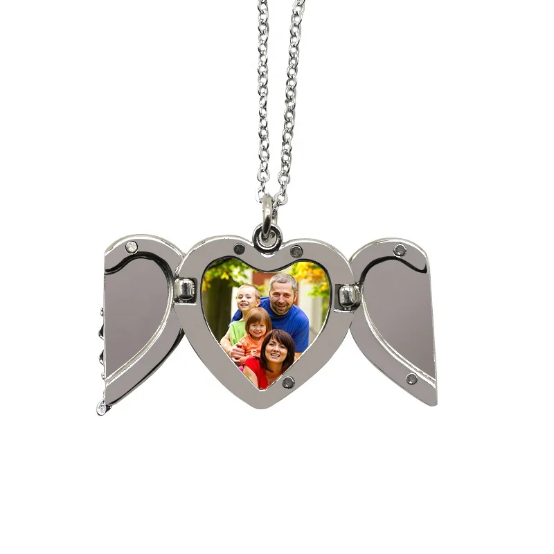 

Personalized Sublimation Blank Angel Wings Heart Lockets Pendant Necklace, Silver