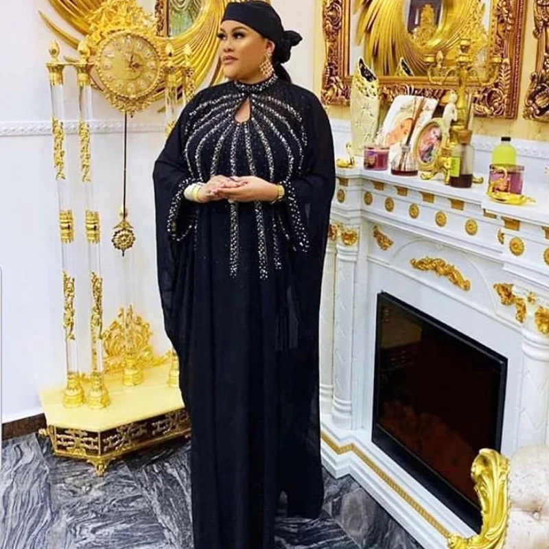 

2021 Polyester Black Paste Drill Abaya Muslim Women Robe Long Dress