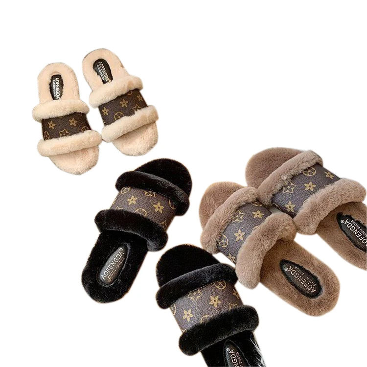

HOT Sale Plush Flat Ladies Autumn and Winter Leather Fluffy Fur Fashion Ladies Sandals, Customized color