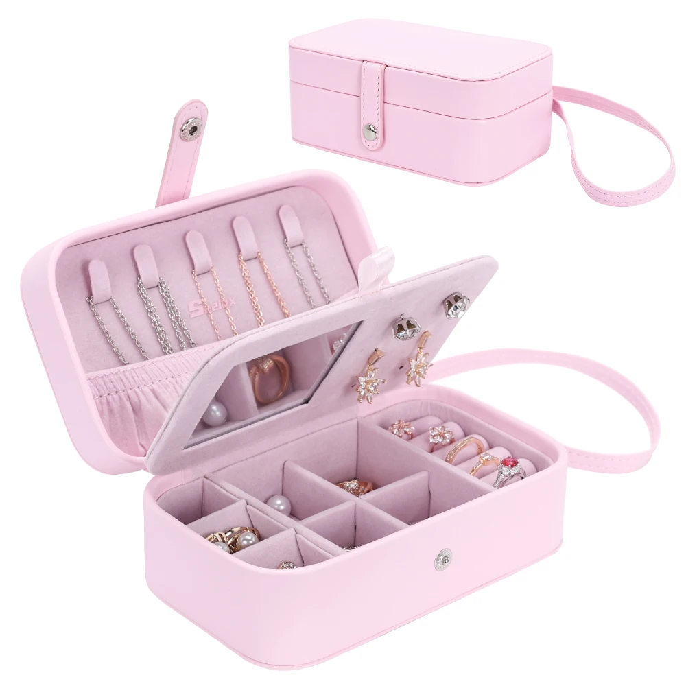 

Youbei mini Jewellery Box Travel Case with Mirror & Hand Strap Portable Jewelry Storage Organiser for Rings Earrings Neckl, Pink