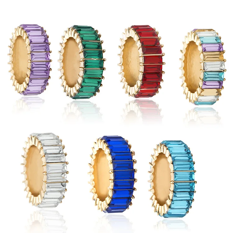 

Fashion Designer Stackable Luxury Rainbow Square Baguette Cubic Zirconia Eternity Band Ring Imitation Colorful Crystal Ring