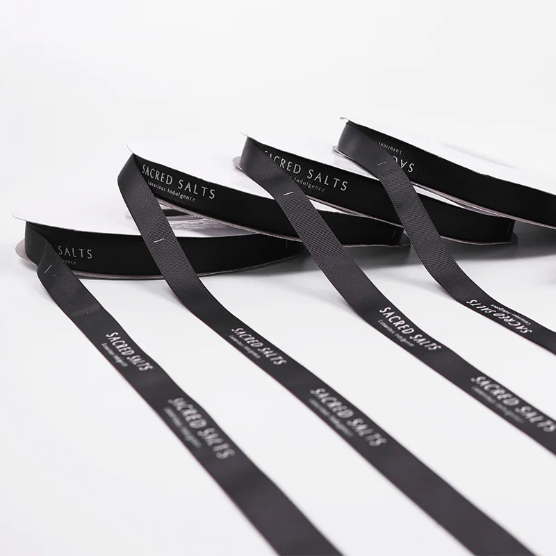 

High Quality Personalised 1.5cm Ribbon Brand Name with Logo Custom Black Grosgrain Webbing Ribbon For Decoration