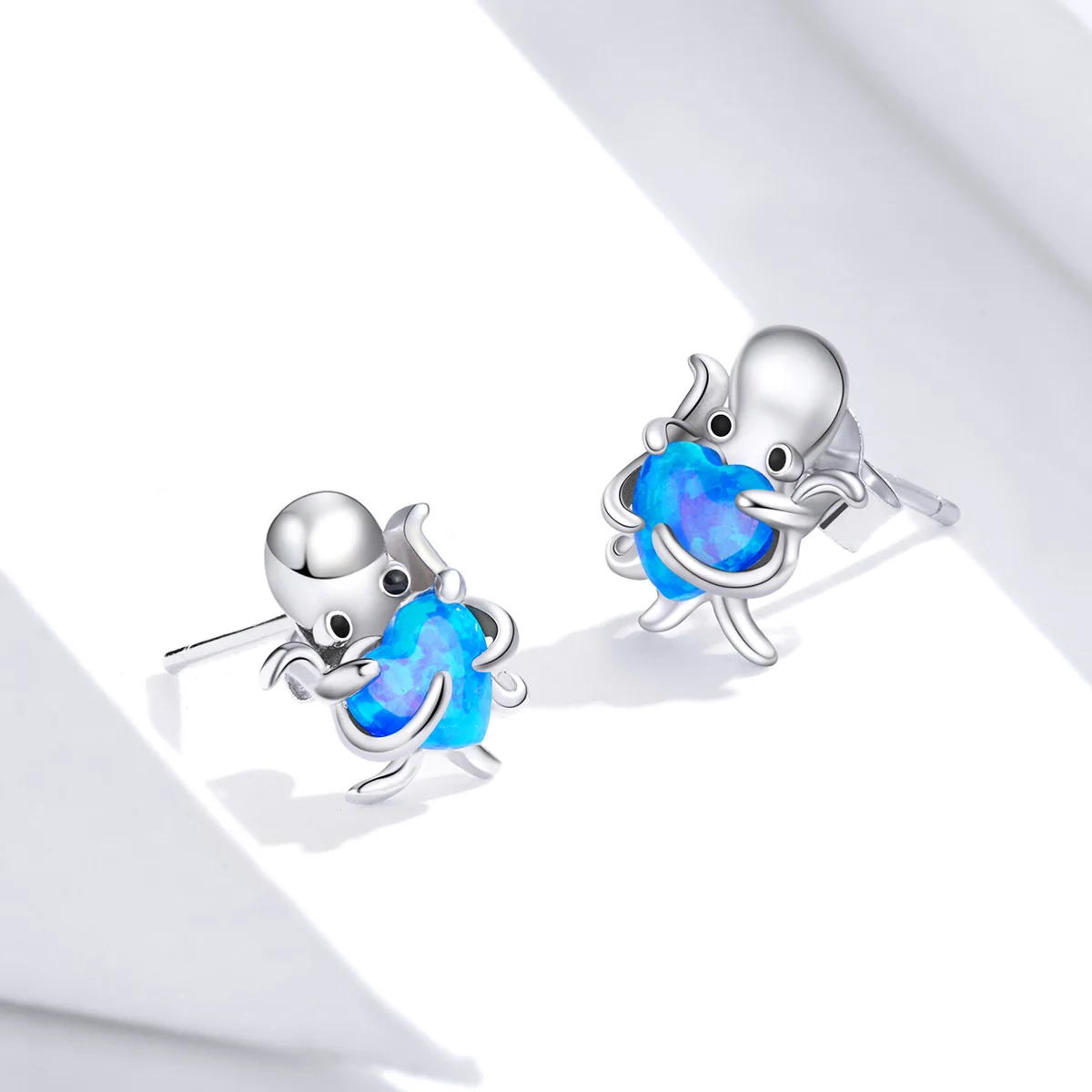 

Fine 925 Sterling Silver Jewelry Octopus Heart Opal Unique Earrings Women