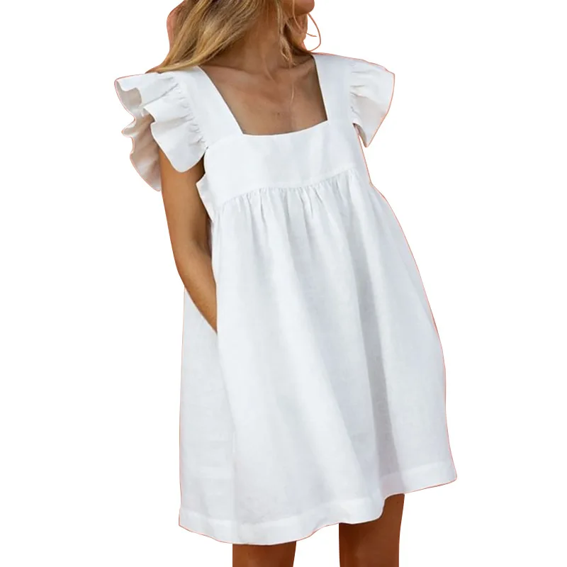 

Women Square Collar Party Dress Elegant Kawaii Petal Sleeve Print Beach Dress Summer Casual Loose Pocket Mini Dress Vestidos