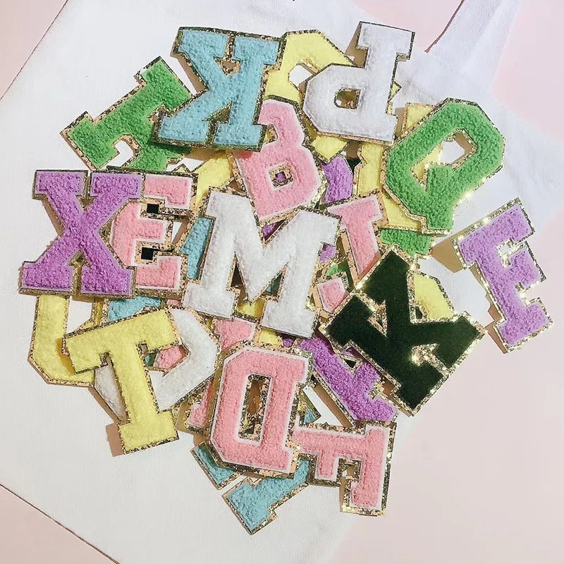 

Custom Logo Name Patch Iron On Embroidered Badge Sticker University Letter A to Z Glitter Chenille Letter Alphabets, Pink/white/black/blue/yellow/purple