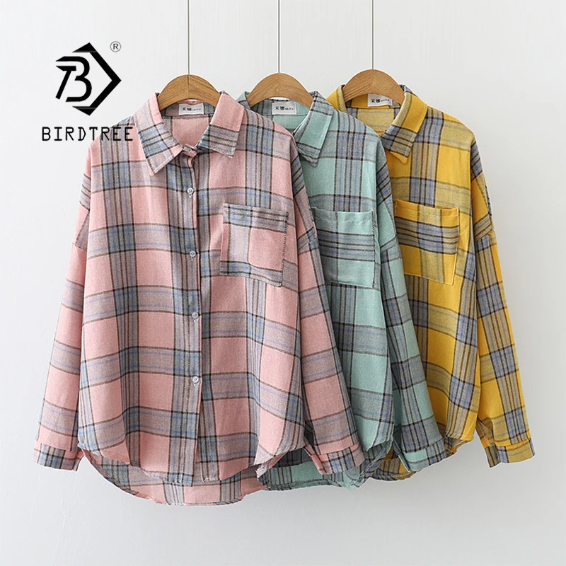 

2020 Fall Women Checkered Batwing Sleeve Shirts Single-Breasted All-Match Blouses Turn-down Collar Pocket Tops T09724R, 3 colour