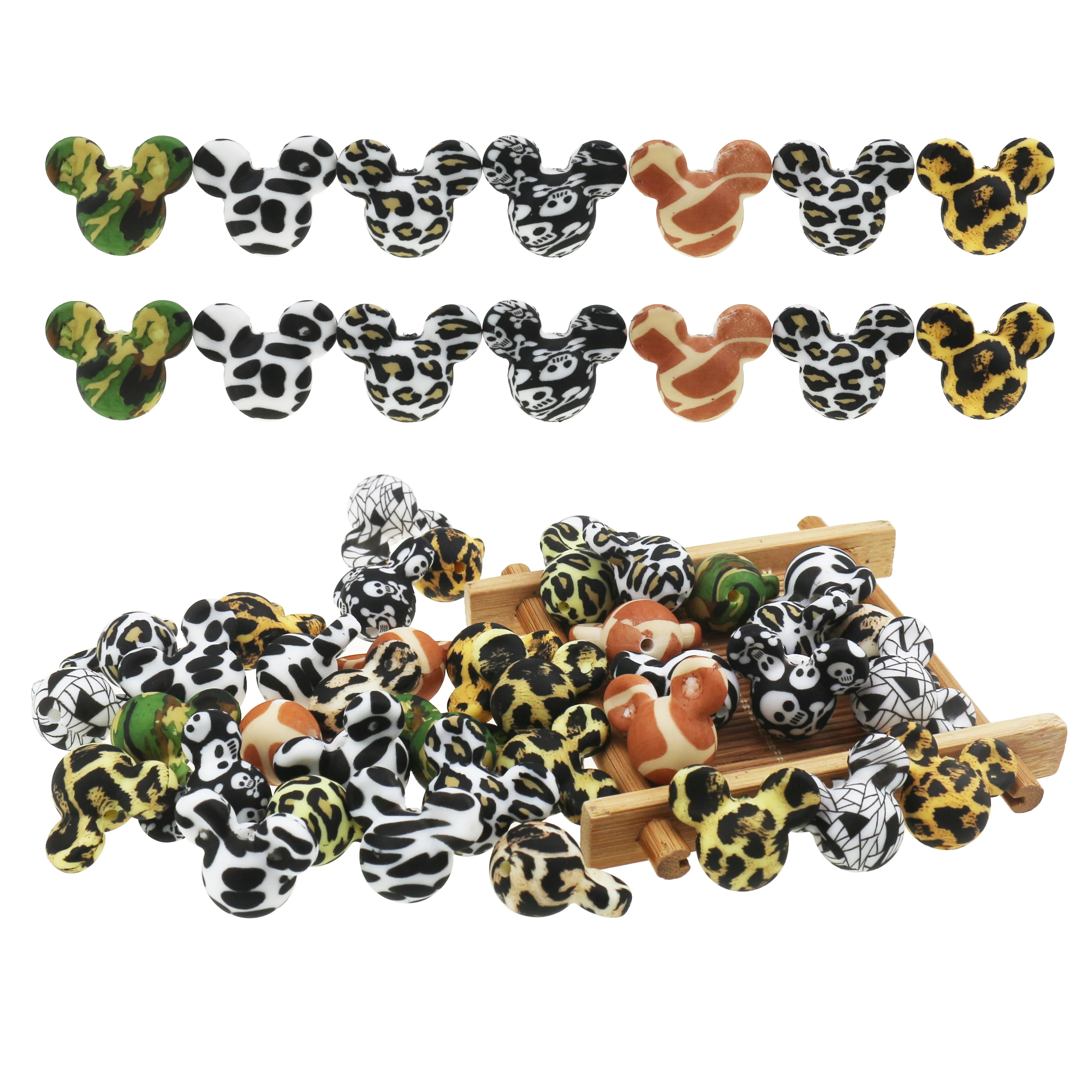 

Wholesales BPA Free Customized Mickey Hexagon Round beads Leopard Print Silicone Loose Beads, Sprint colors, customed
