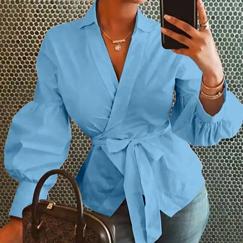 

Trending Women's Tops Long Sleeve V-neck Lantern Sleeve Button Solid Color Shirt new products 2021