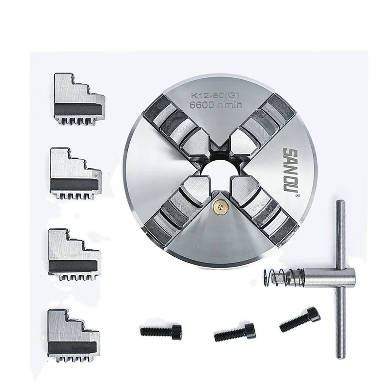 4 Jaw Chuck 80mm Sanou Brand Mini Lathe Chuck K12-80 Self-centering Scroll Chuck Hardened Steel Manual High Accuracy 0.05mm