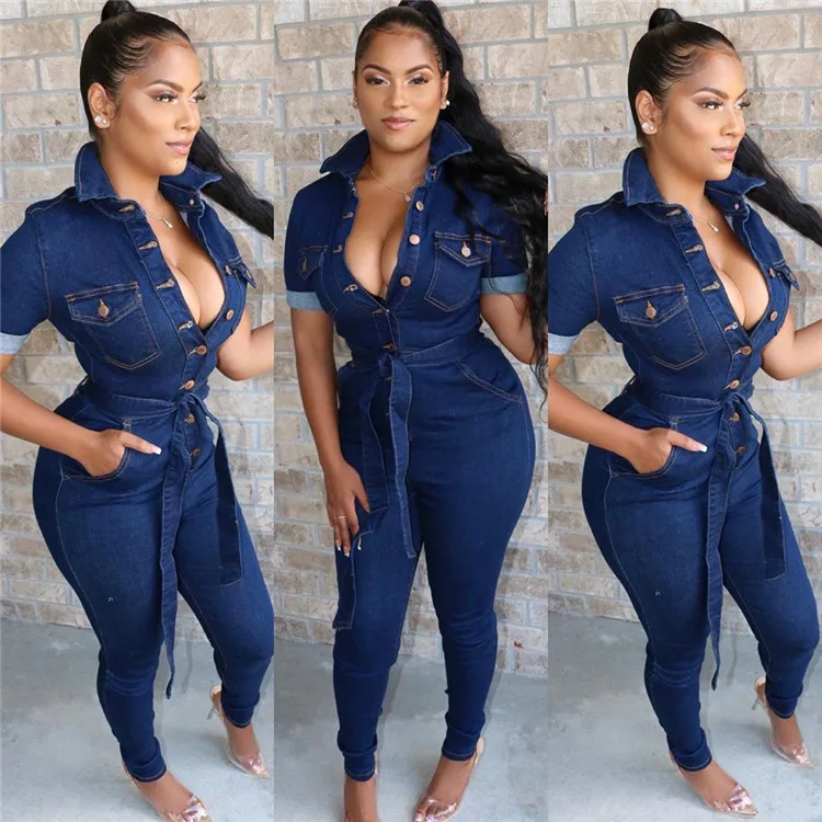 

CF B91751 women autumn clothing stretch rompers lady's full length denim jumpsuit washed jeans for woman 2019 whole sale