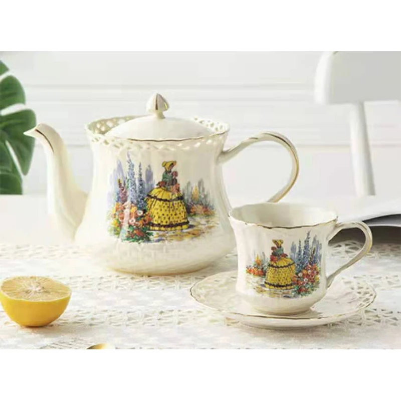 

QIAN HU Vintage Turkish Coffee Set Ceramic Teapot with Tea Cup Set Home Decor for Afternoon Tea, White