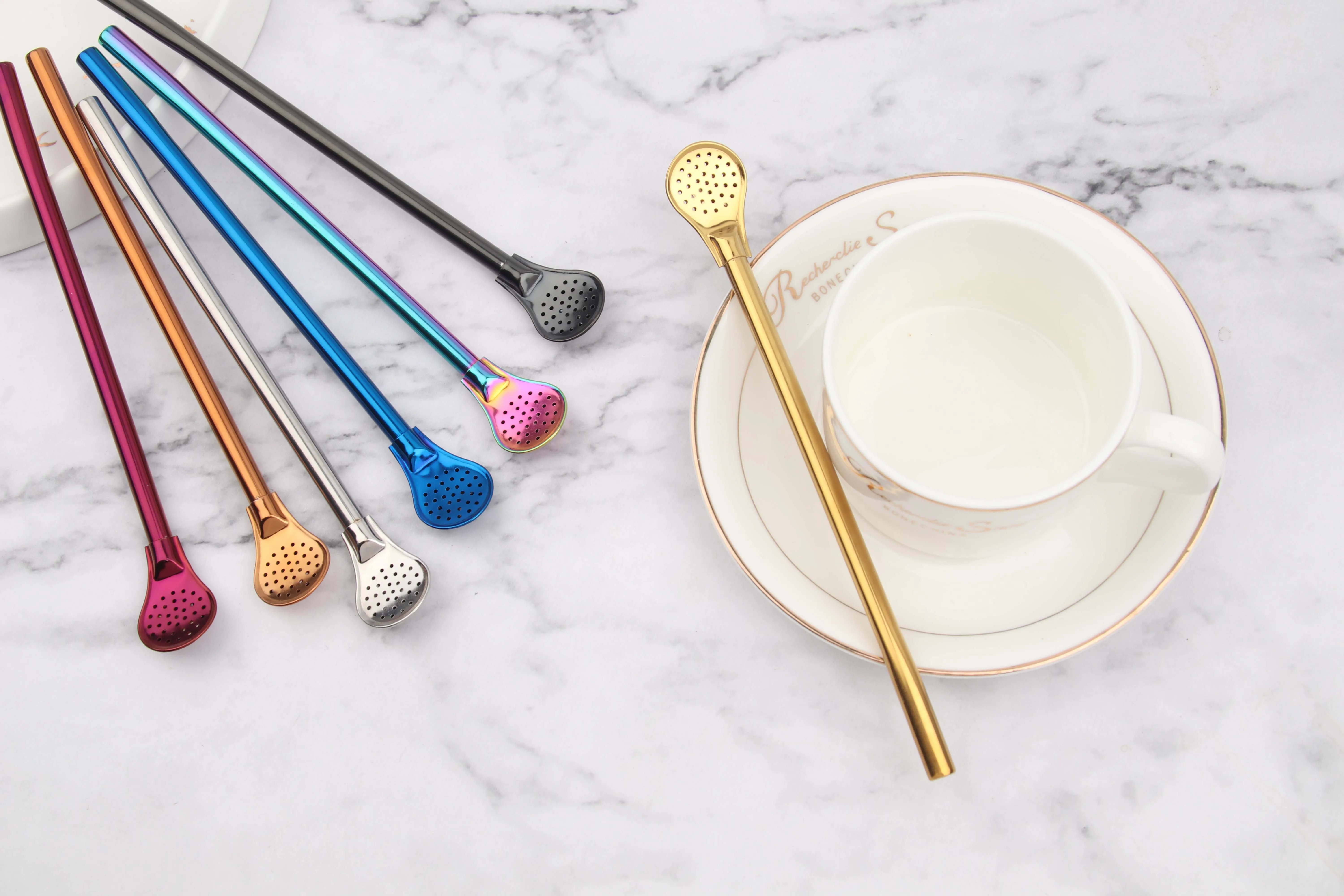 Reusable Stainless Steel Drinking Spoon Straws Bubble Tea Yerba Mate