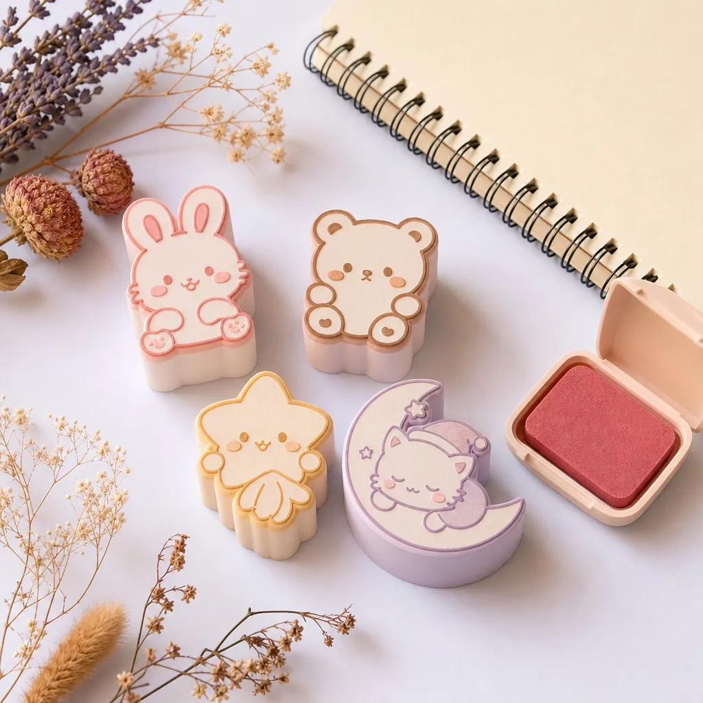 Kawaii character stamp set with bunny bear star and moon designs alongside ink pad and notebook