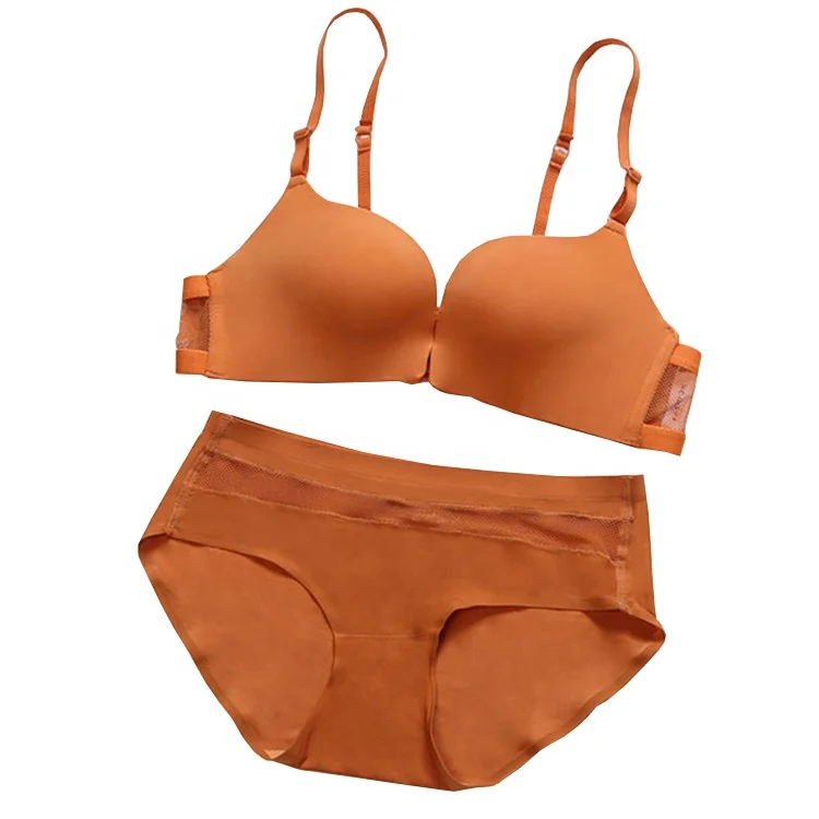 

1935 Women Breast Lift and Support Underwear Cross Beautify Back Wire Free Front Closure Push Up Bra Briefs Sets, 4 colors: orange, brown, black, nude