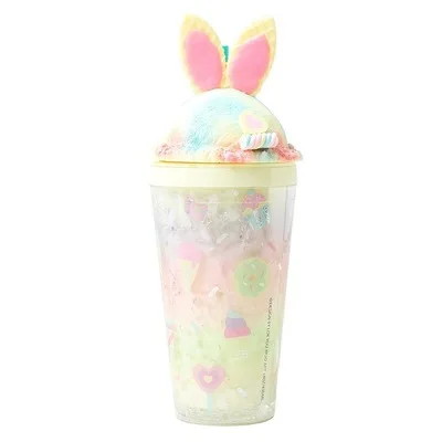 

New creative cute double ice cream bunny cup lid crushed ice plastic water cup, As shown