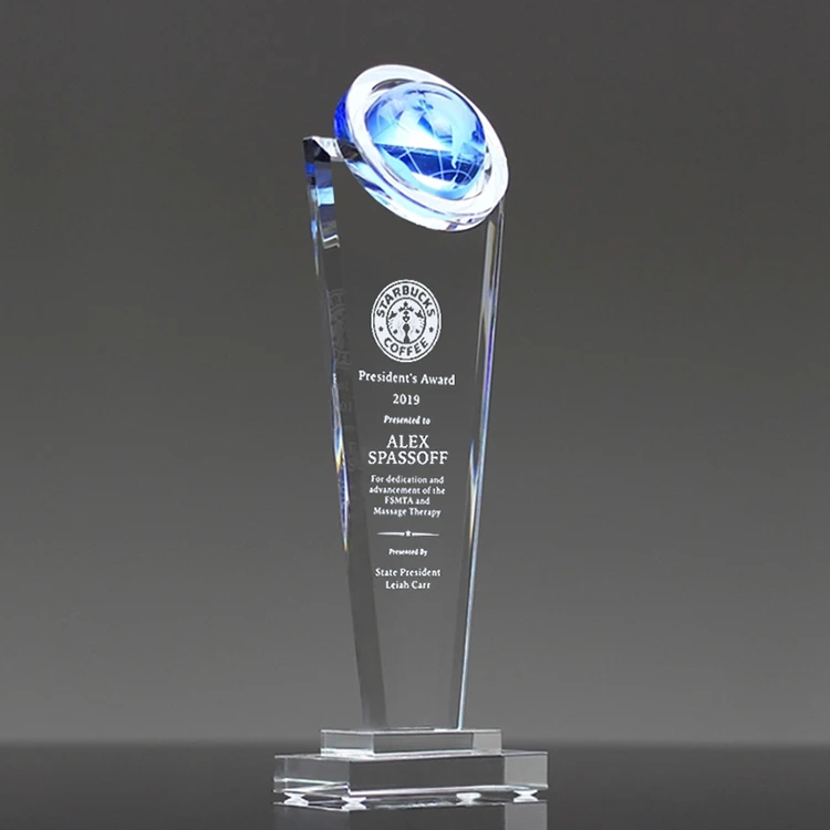 
blue earth awards crystal globe trophies with Custom Logo 