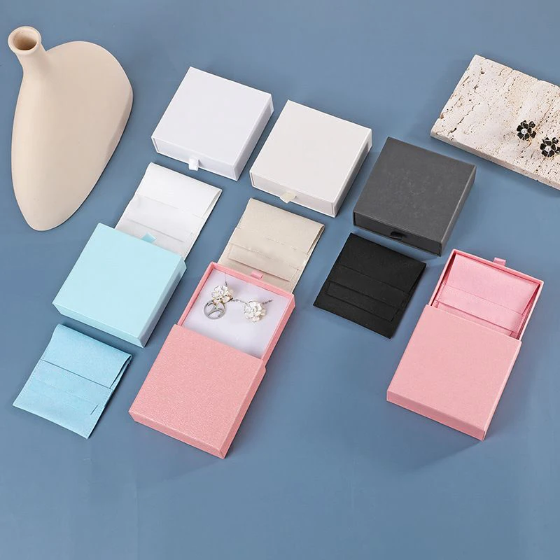 

High Quality Eco Friendly Suede Microfiber Envelope Jewelry Pouch Pink With Cardboard Drawer Box Packaging, Black,pink,white,blue,light pink,beige etc.