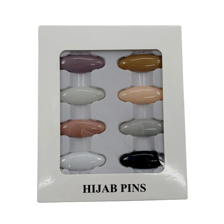 

8pcs Box Wholesale Colorful Minimalist Oval Shape Plastic Muslim Woman Hijab Scarf Safety Brooch Pins Accessories, Color plated as shown