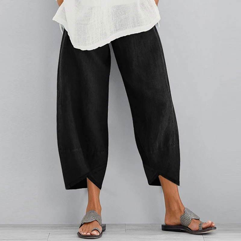 

Vintage Linen Women's Summer Trousers Casual Elastic Waist Asymmetrical Pantalon Female Cropped Pants Oversized, Black,navy,beige