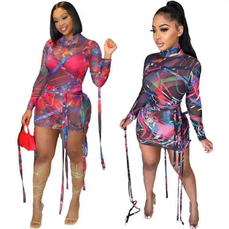

EB-2021030205 Tie Dye Bandage Long Sleeves Sexy Lace Dresses Women 2021 Bodycon Dress Women